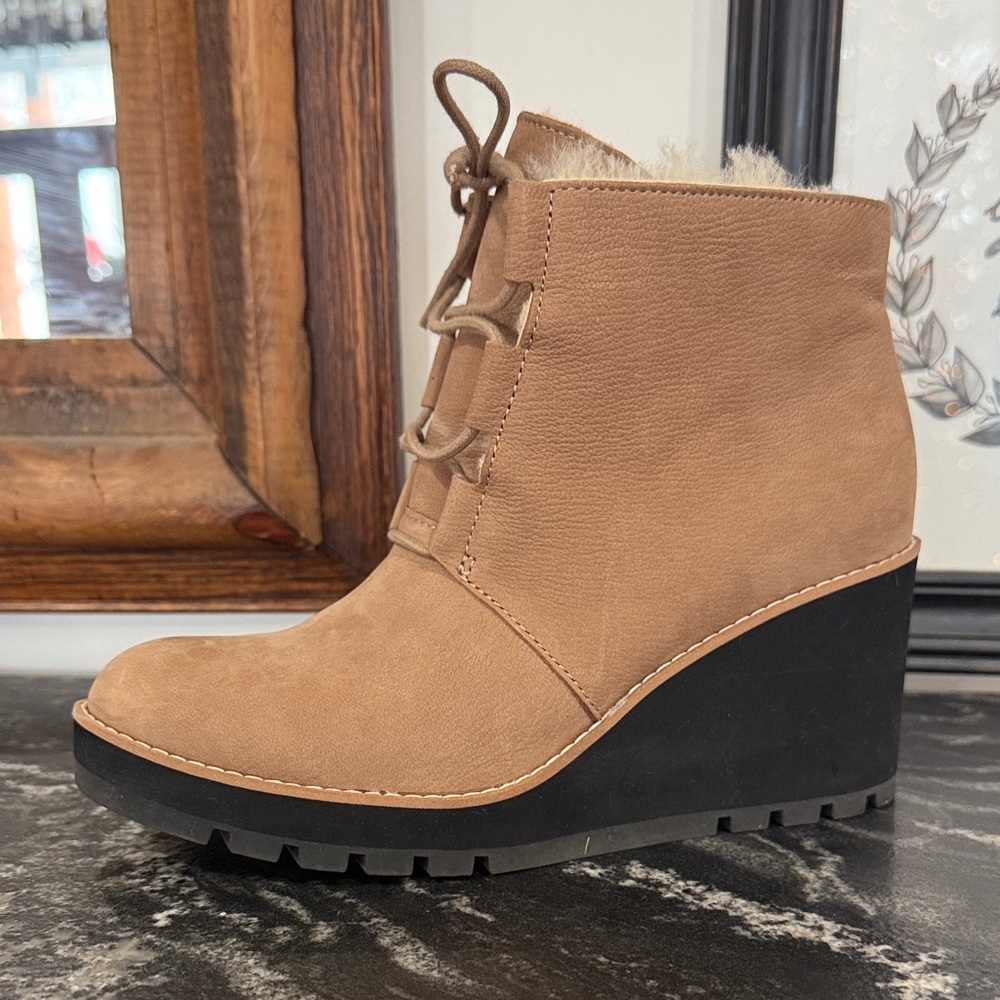 Eileen Fisher Tan and Black Wedge Boots